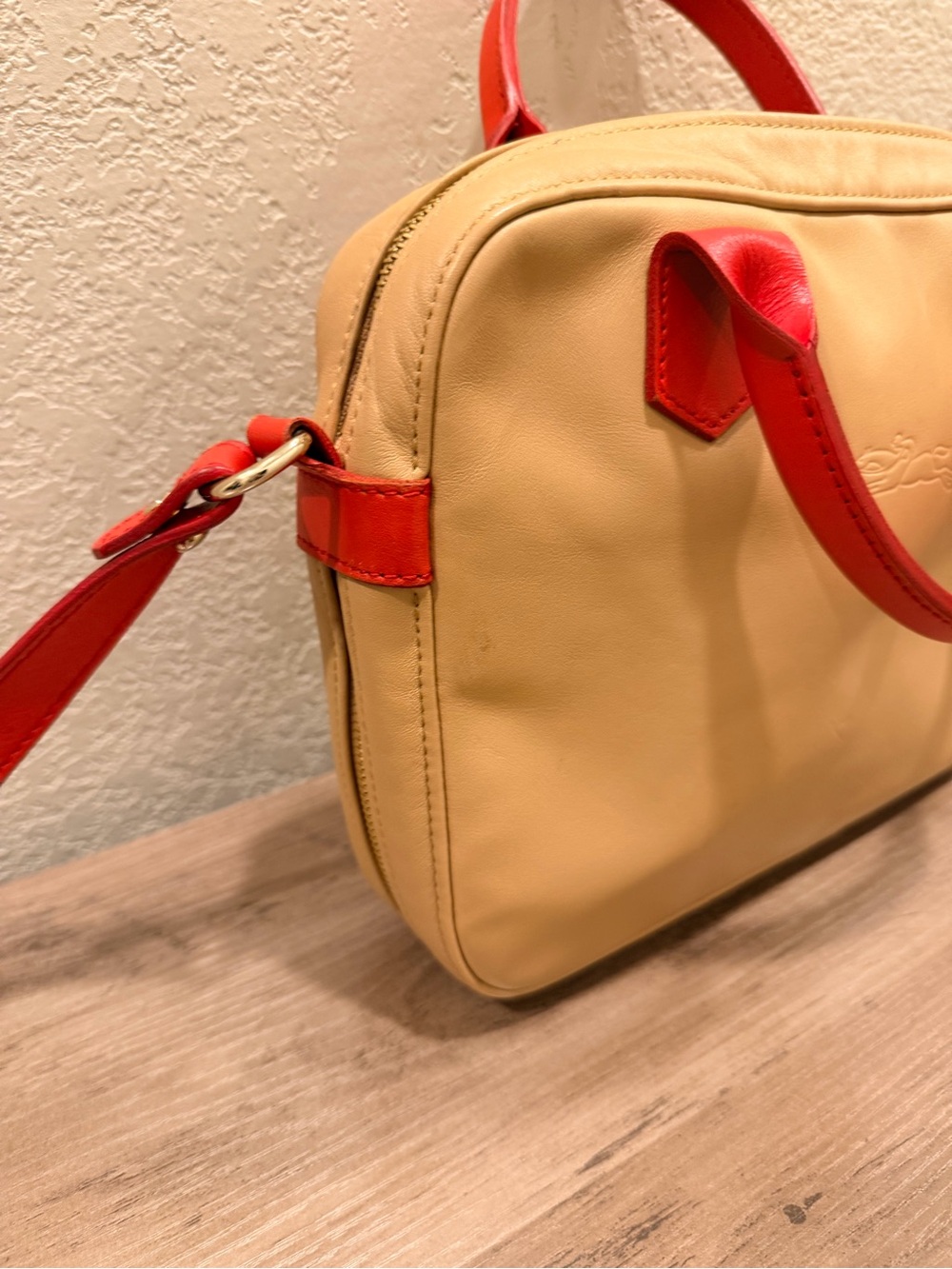 Longchamp Beige and Red Leather Satchel Handbag - Picture 3 of 14